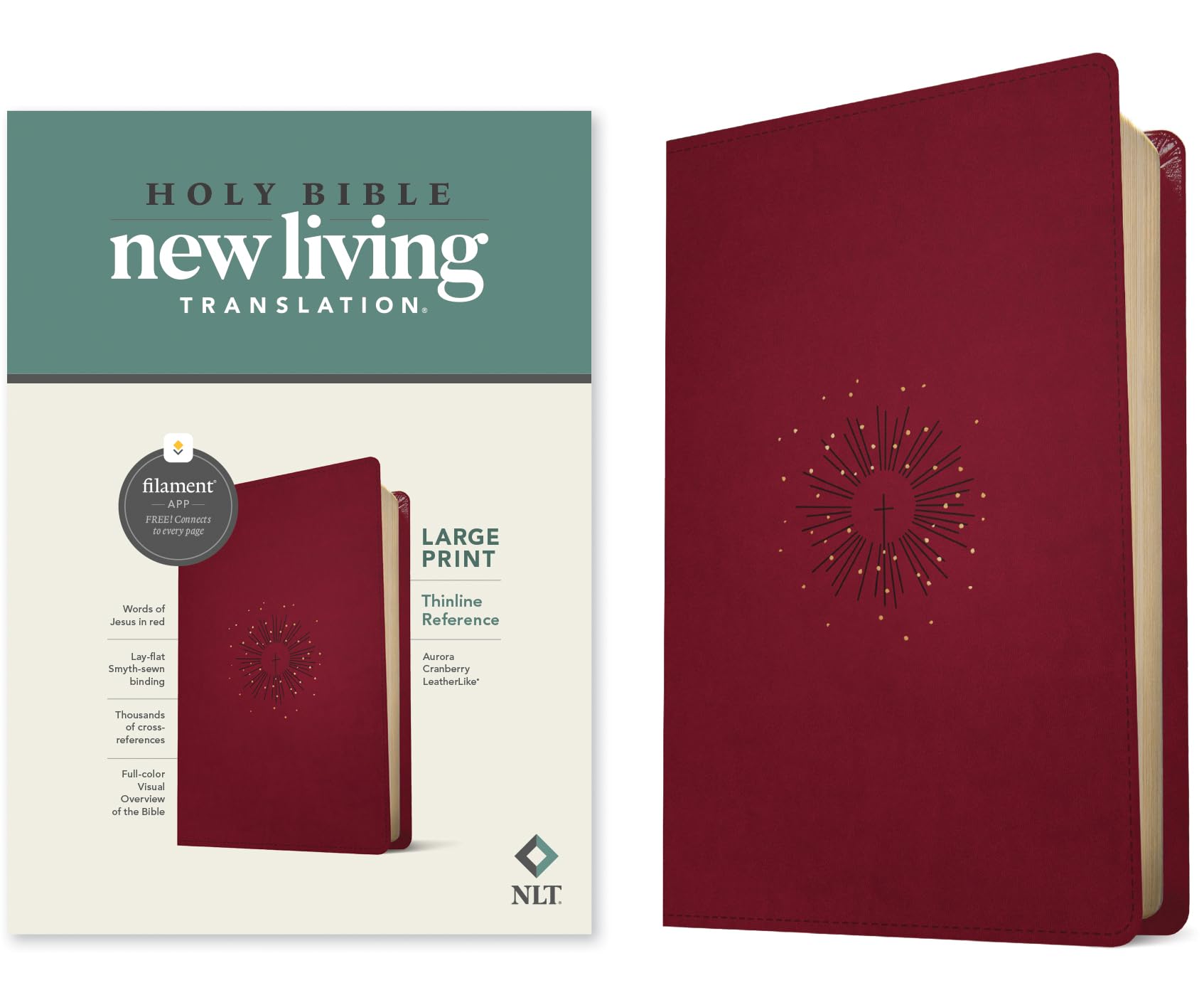 NLT Large Print Thinline Reference Holy Bible (Red Letter, LeatherLike, Aurora Cranberry): Includes Free Access to the Filament Bible App 9781496444899