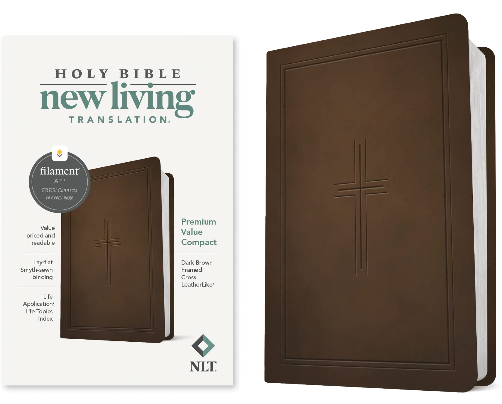 NLT Premium Value Compact Bible, Filament-Enabled Edition (LeatherLike, Dark Brown Framed Cross) 9781496479303