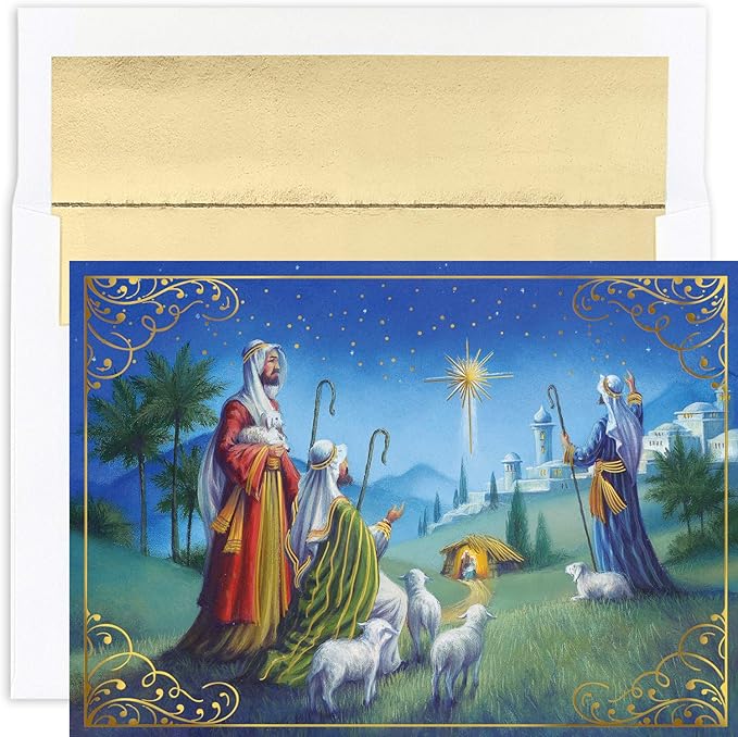 Masterpiece Studios Holiday Brights Collection 16-Count Boxed Religious Christmas Cards with Envelopes, 7.8" x 5.6", Shepherds Watch (911100) 662790282402