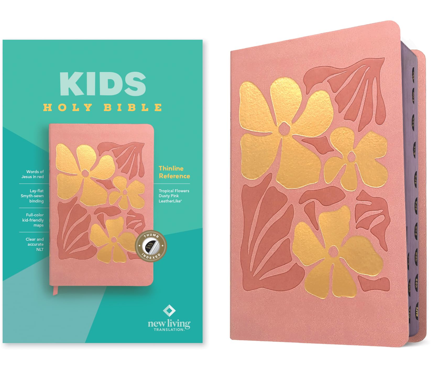 NLT Kids Bible, Thinline Reference Edition (LeatherLike, Tropical Flowers Dusty Pink, Indexed, Red Letter) 9781496484000