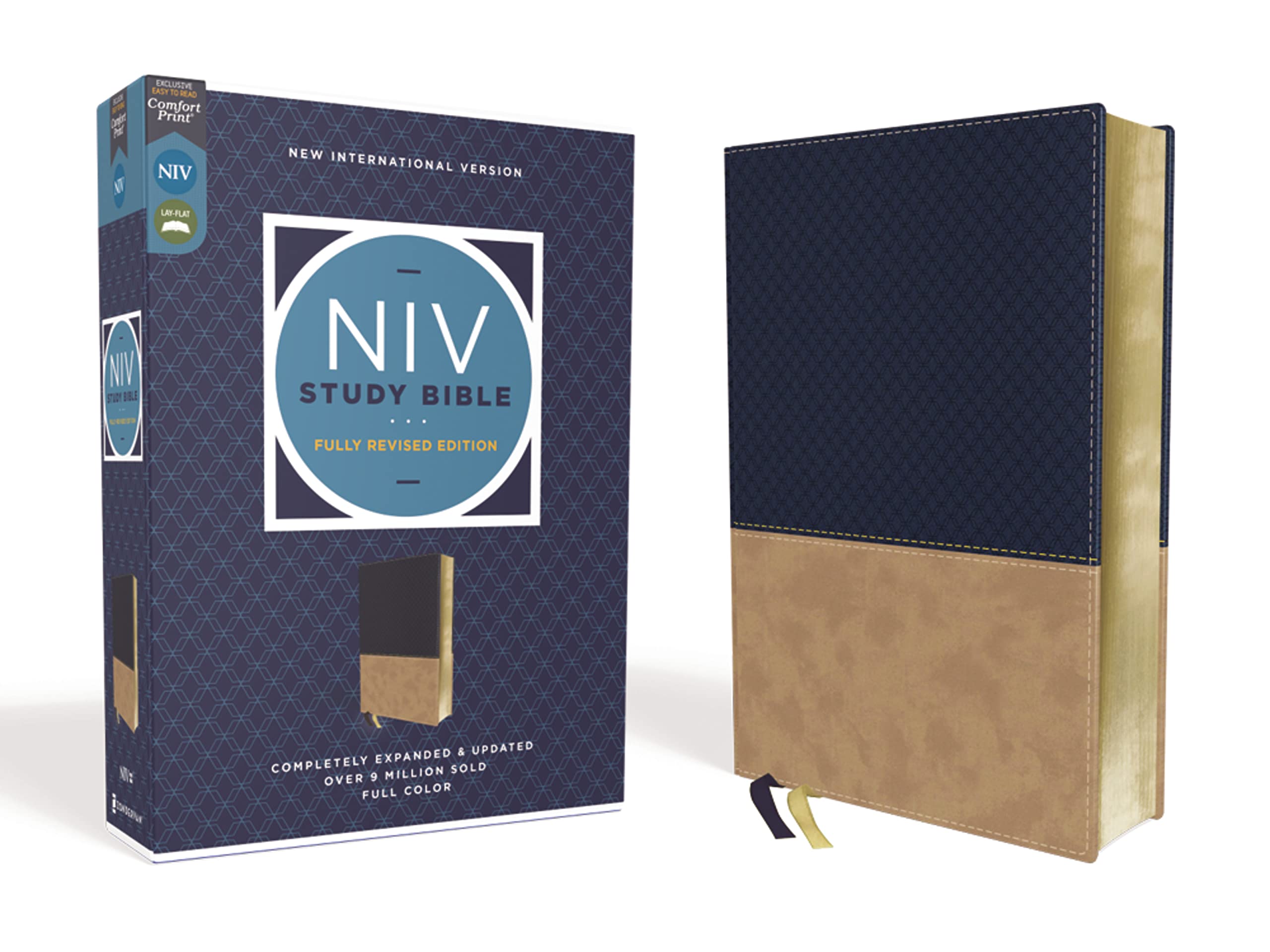 NIV Study Bible Fully Revised Edition Comfort Print--soft leather-look navy/tan (red letter) 9780310448990