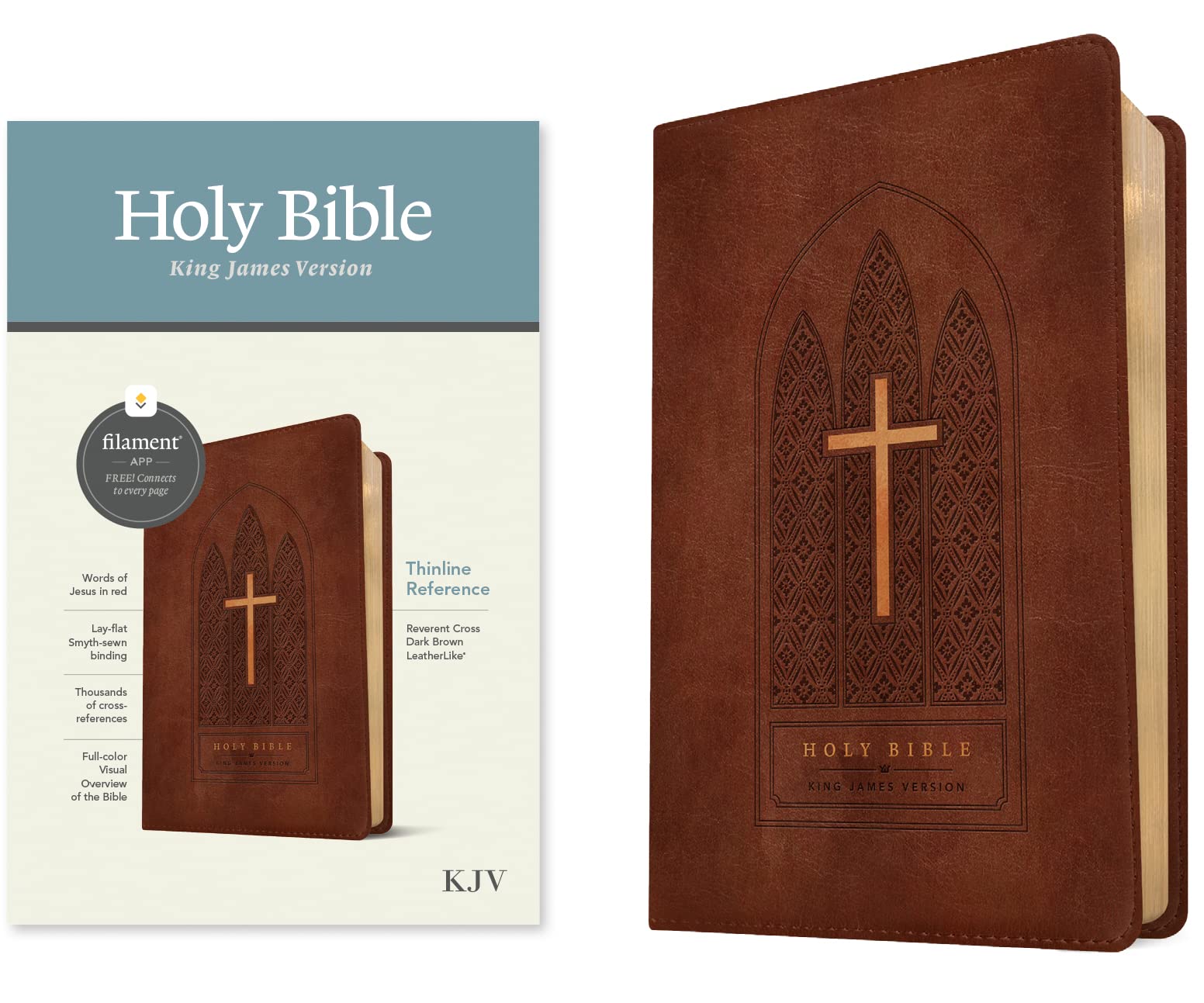 KJV Thinline Reference Bible, Filament-Enabled Edition (LeatherLike, Reverent Cross Dark Brown, Red Letter) 9781496460493