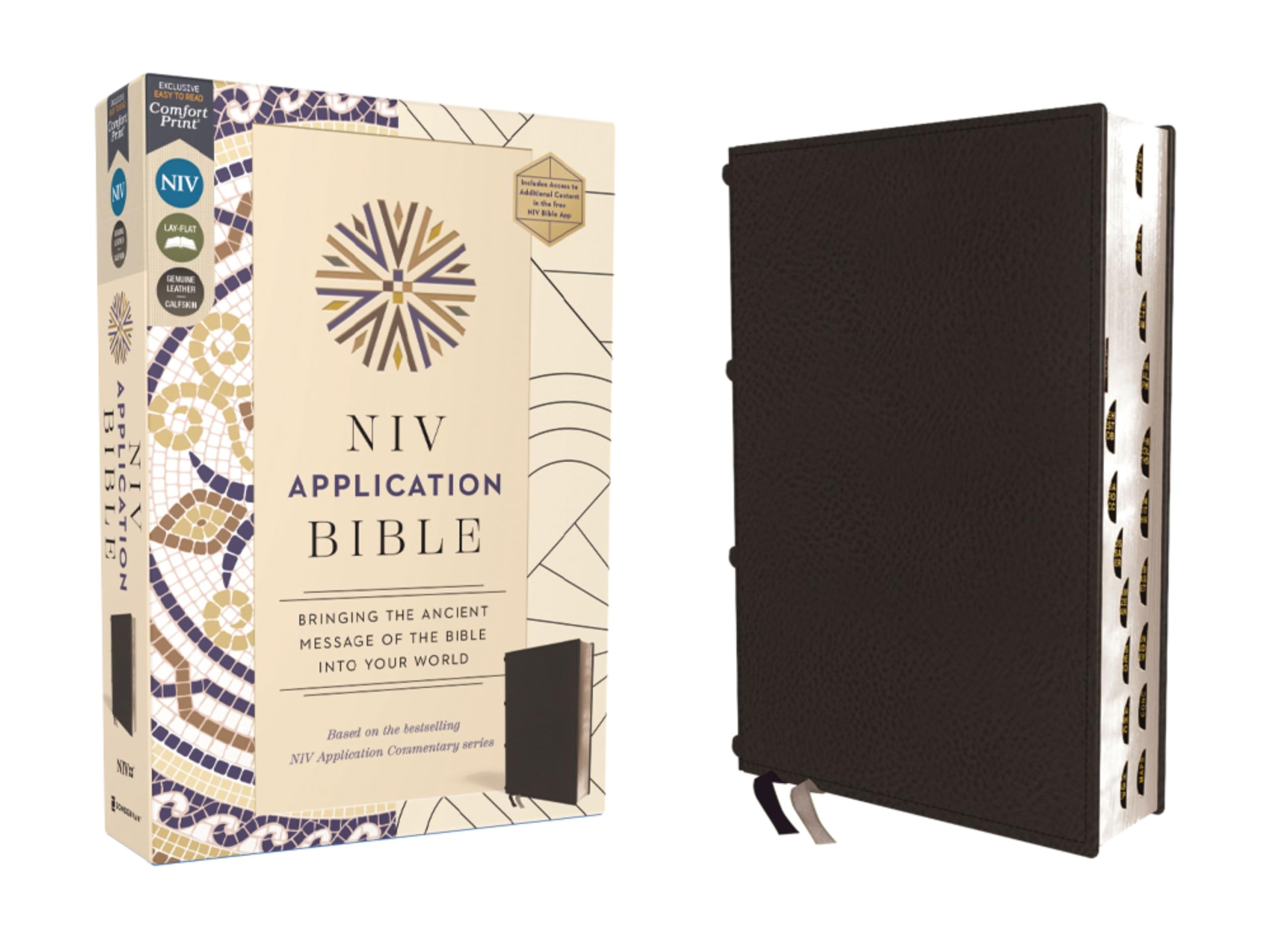 NIV Application Bible, Genuine Leather, Calfskin, Black, Red Letter, Thumb Indexed, Comfort Print 9780310467755