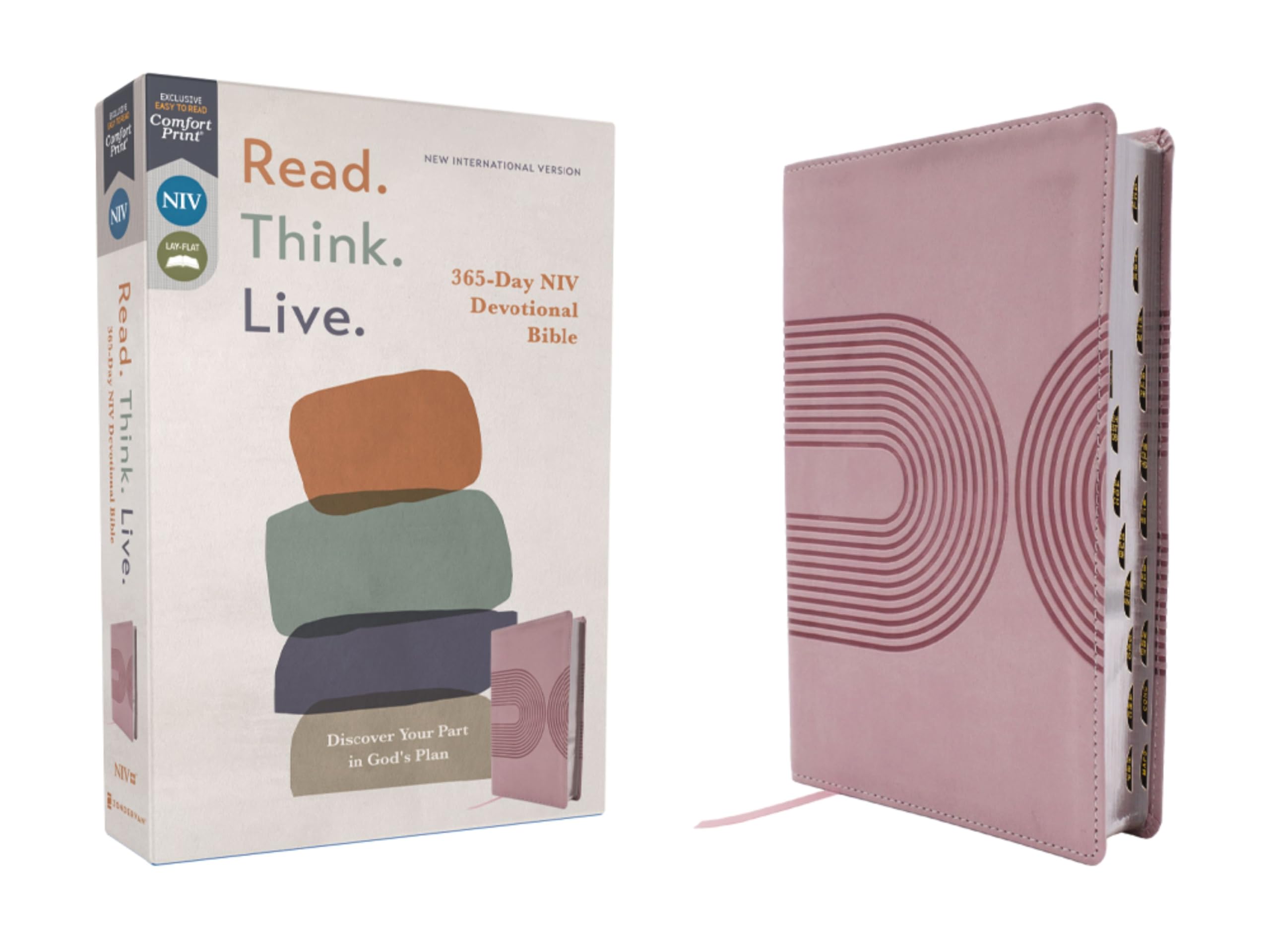 NIV Read. Think. Live., Leathersoft, Pink, Thumb Indexed, Comfort Print: 365-Day NIV Devotional Bible 9780310467670