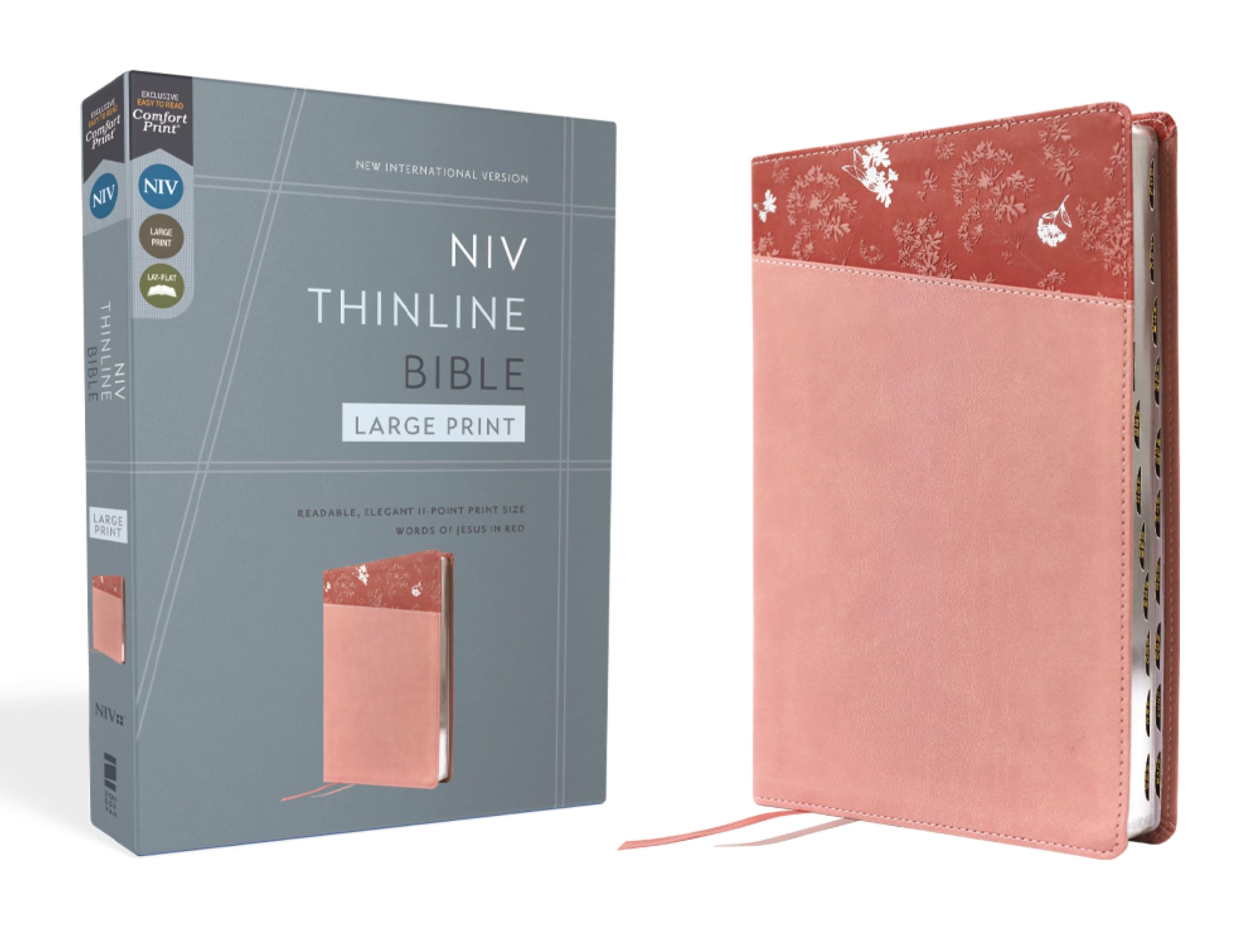 NIV Thinline Bible, Large Print, Leathersoft, Pink, Red Letter, Thumb Indexed, Comfort Print 9780310468998