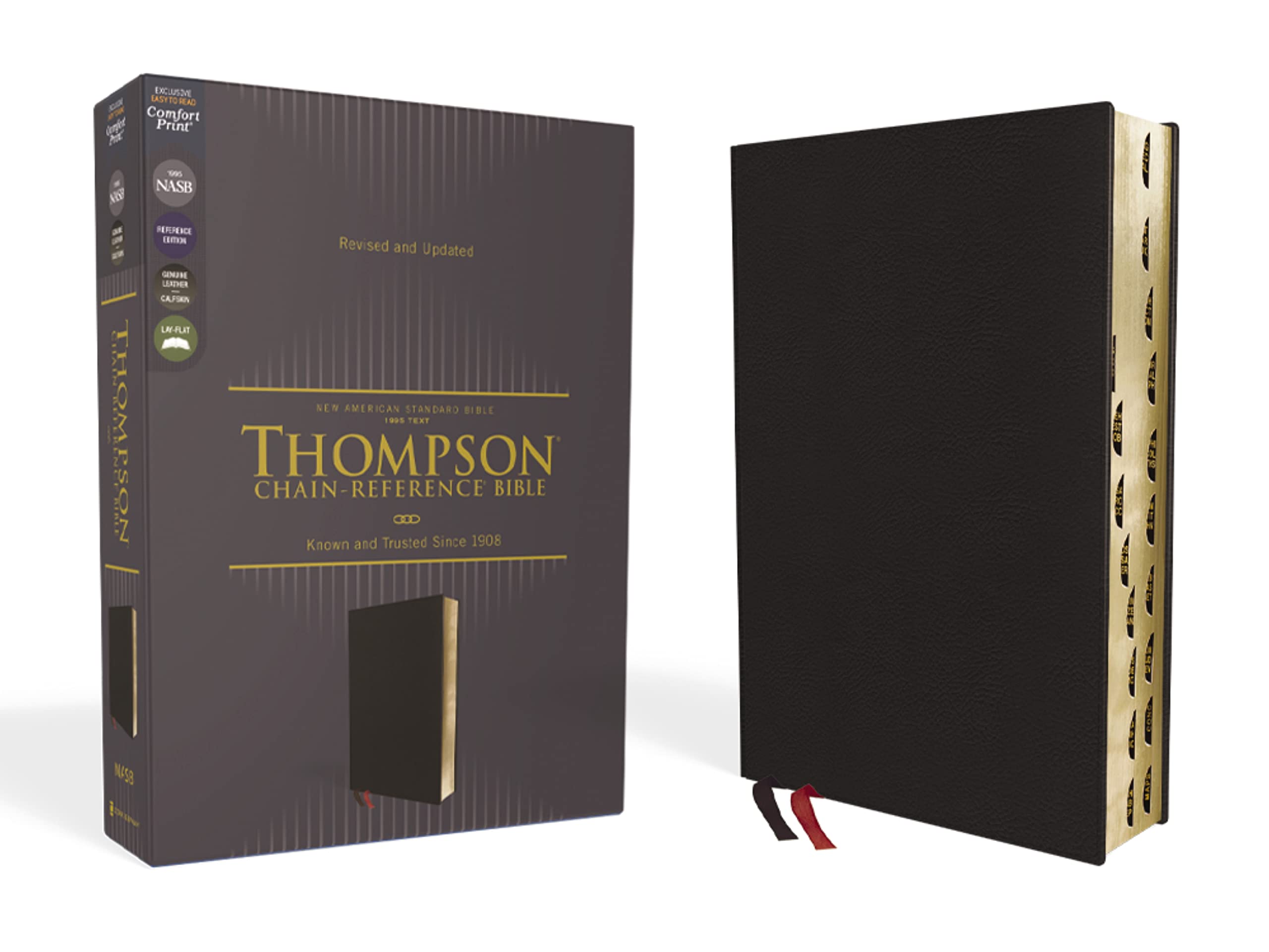 NASB Thompson Chain-Reference Bible, Genuine Leather, Calfskin, Black, 1995 Text, Red Letter, Thumb Indexed, Comfort Print 9780310459668