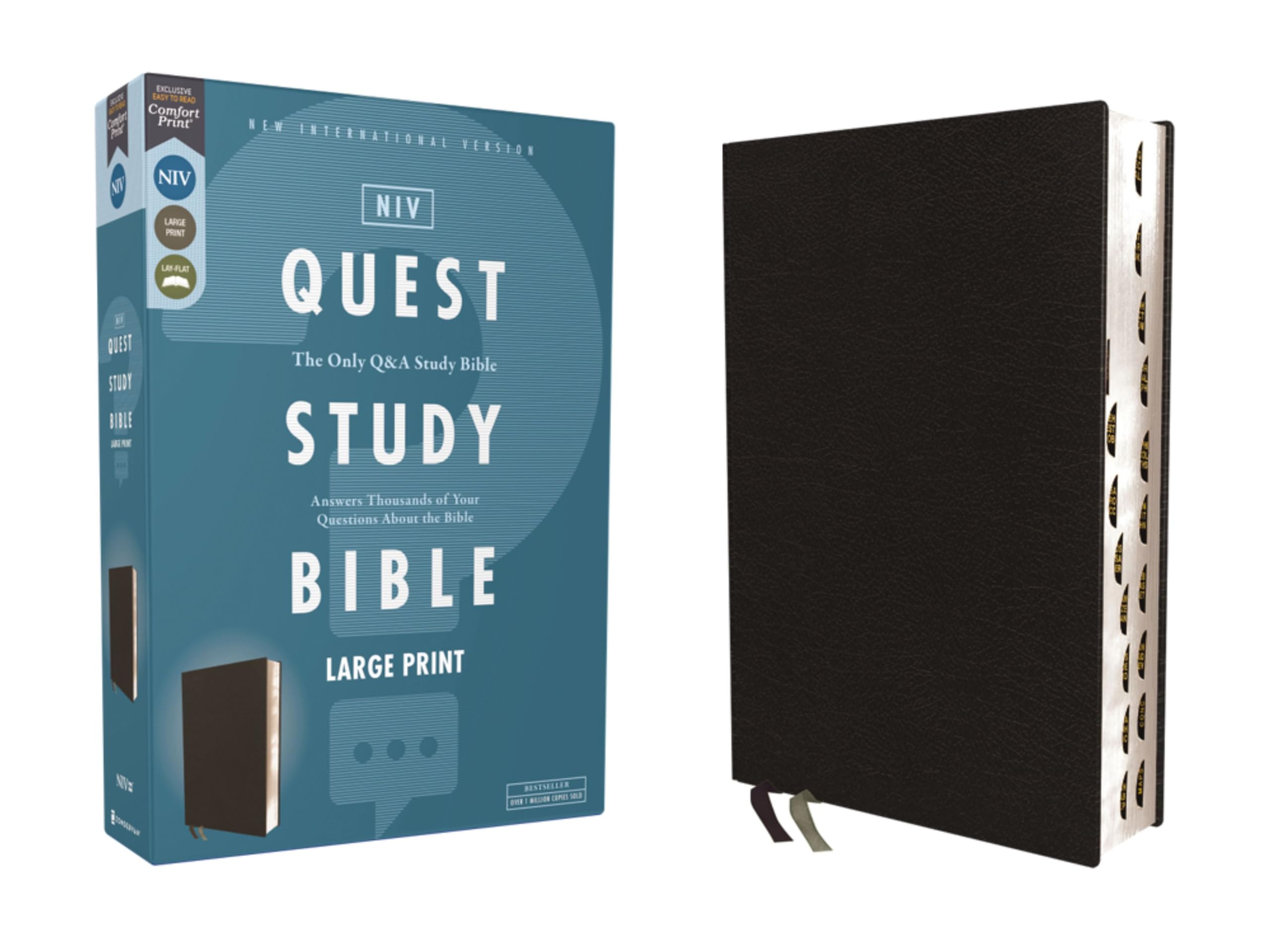 NIV Quest Study Bible, Large Print, Bonded Leather, Black, Thumb Indexed, Comfort Print 9780310465829