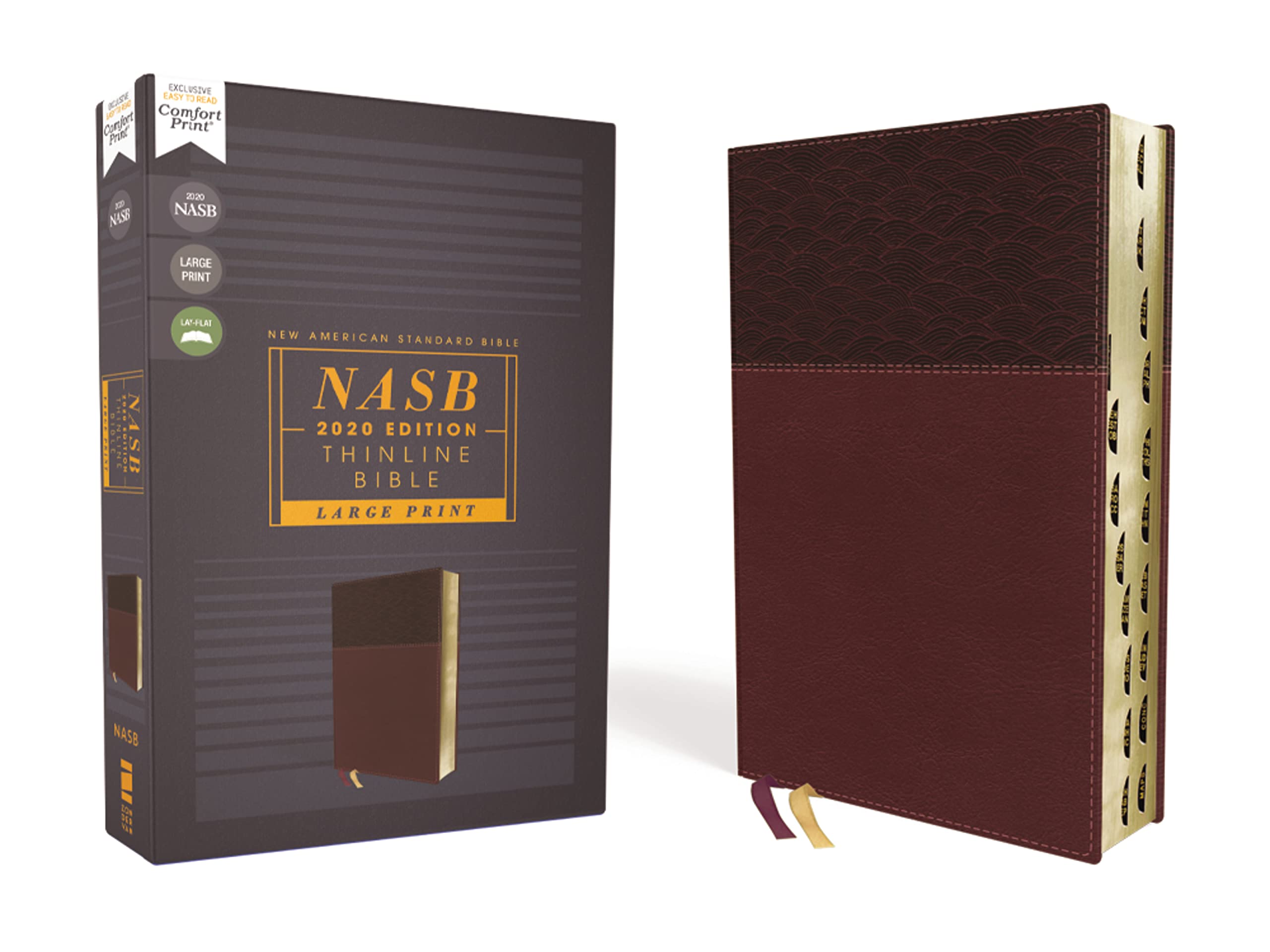 NASB Thinline Bible, Large Print, Leathersoft, Burgundy, Red Letter, 2020 Text, Thumb Indexed, Comfort Print 9780310456681