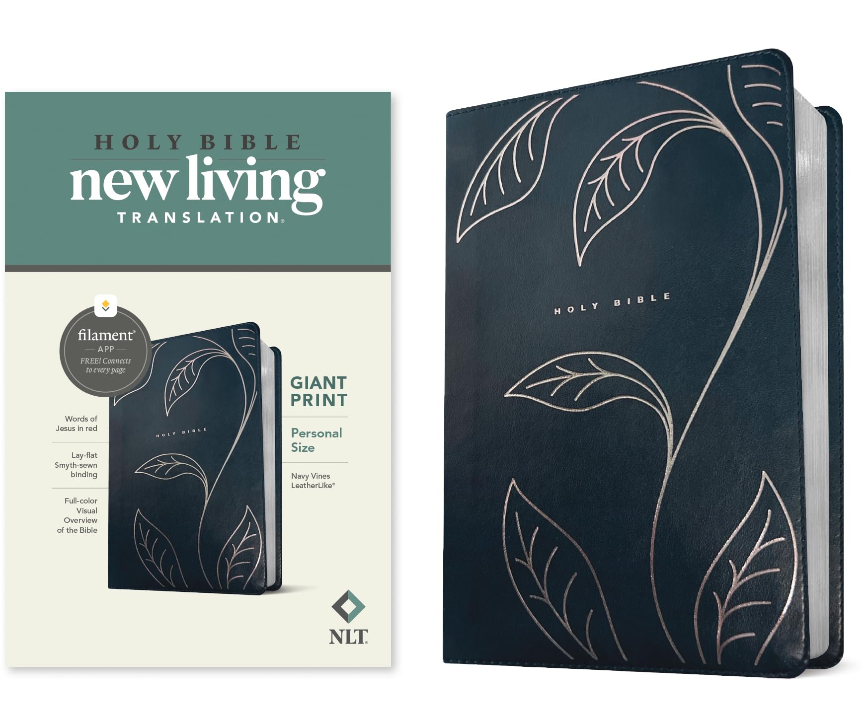 NLT Personal Size Giant Print Bible, Filament Enabled (LeatherLike, Navy Vines, Red Letter) 9798400503016