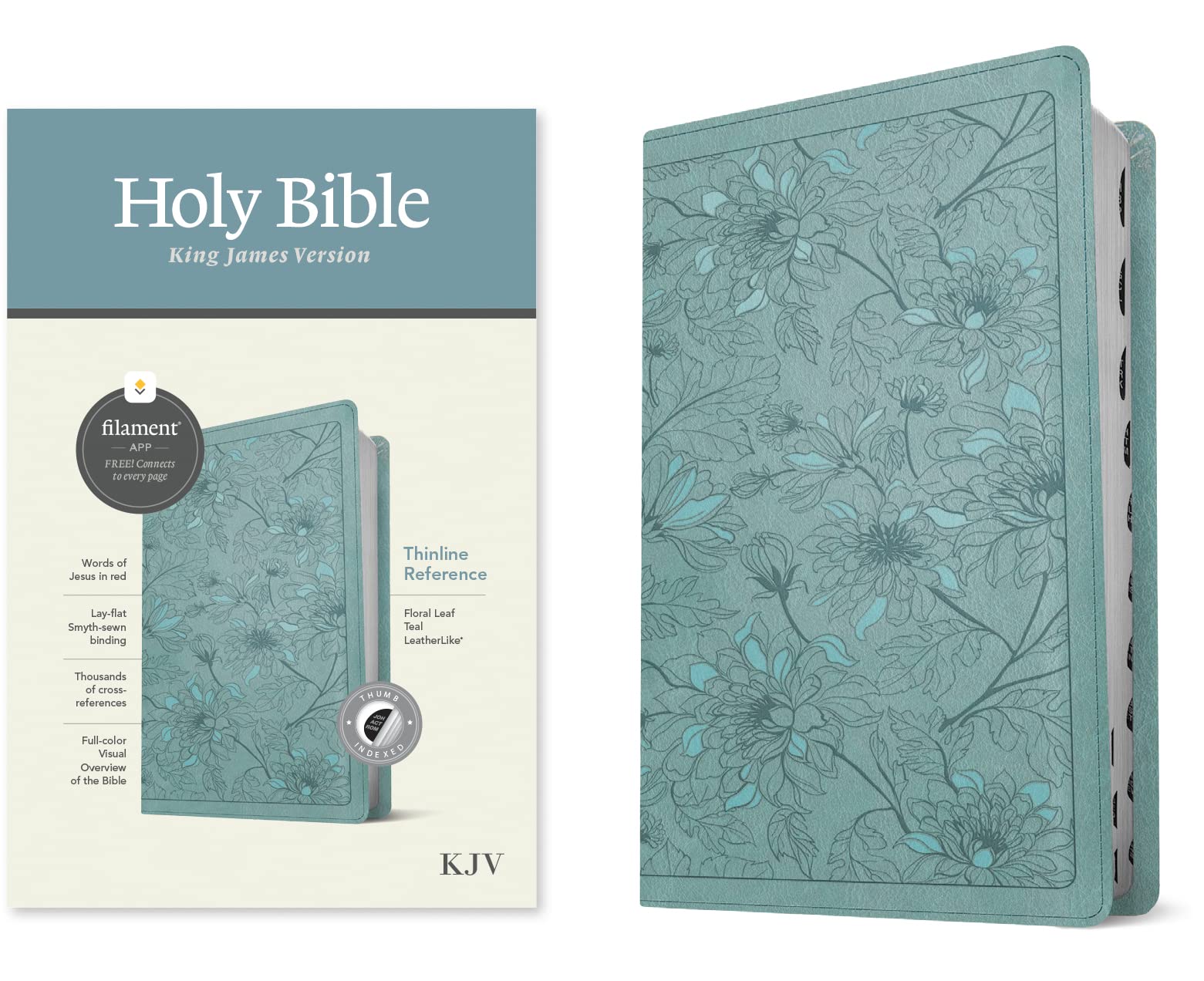 KJV Thinline Reference Bible, Filament-Enabled Edition (LeatherLike, Floral Leaf Teal, Indexed, Red Letter) 9781496460523