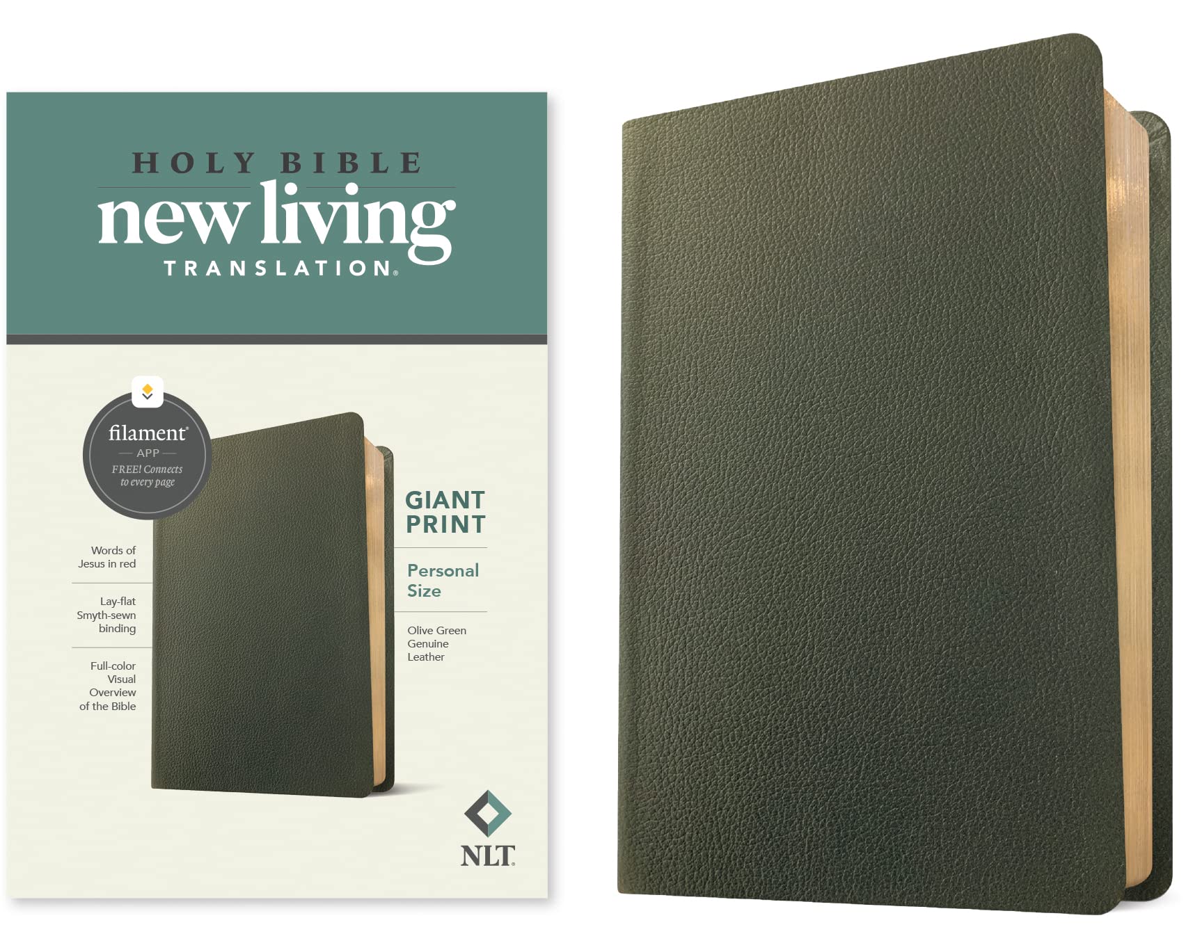 NLT Personal Size Giant Print Bible, Filament-Enabled Edition (Genuine Leather, Olive Green, Red Letter) 9781496474230