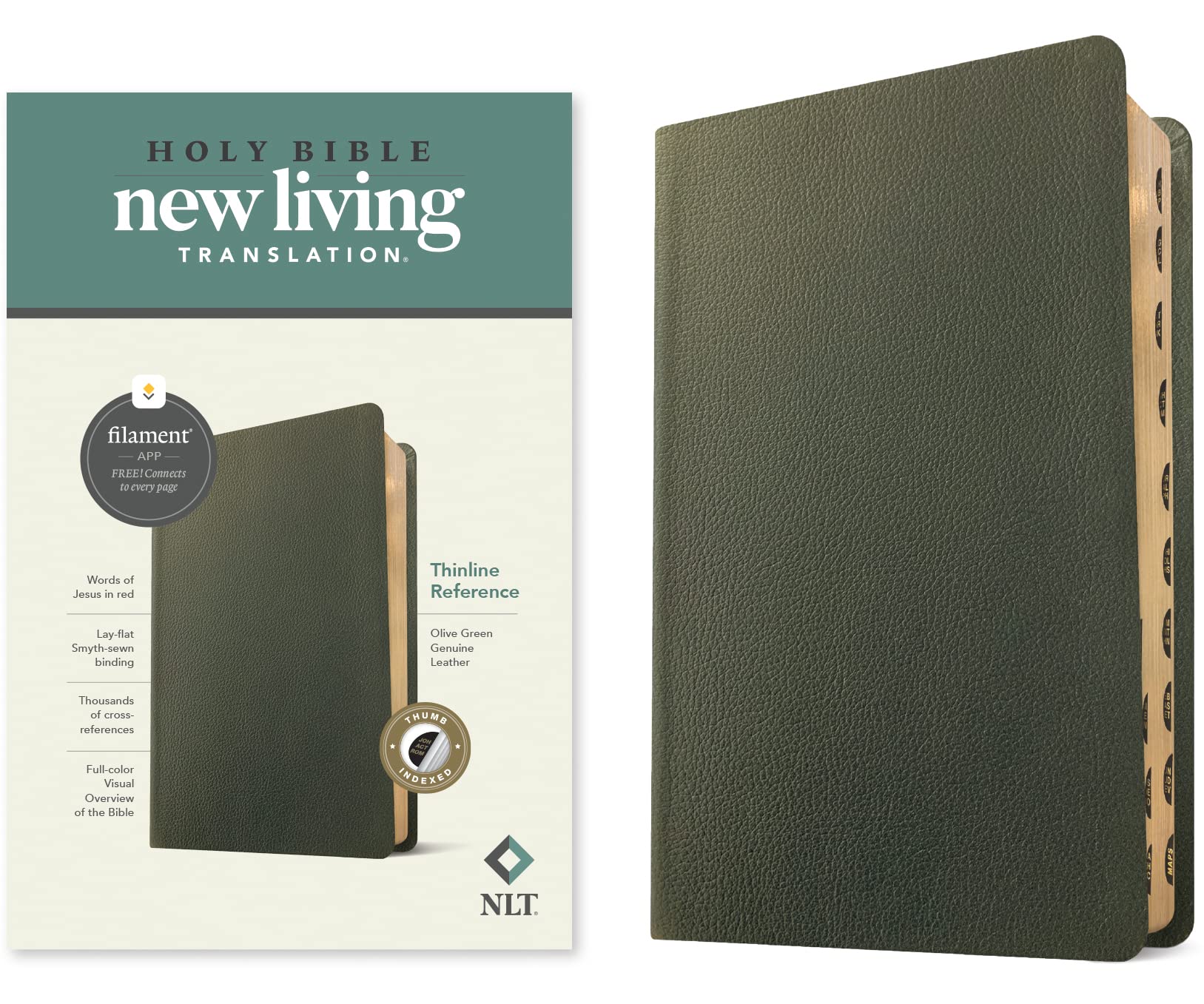 NLT Thinline Reference Bible, Filament-Enabled Edition (Genuine Leather, Olive Green, Indexed, Red Letter) 9781496474148